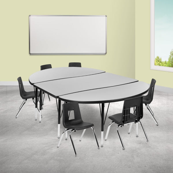 English Elm Emmy 9-Piece Flexible Wave Activity Table Set with Ergonomic Stack Chairs for Classroom Collaboration Grey 47.5"W x 76"L XU-GRP-12CH-A3048CON-48-GY-T-P-GG