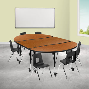English Elm Emmy Mobile 9-Piece Oval Wave Activity Table Set with Ergonomic Student Chairs for Classroom Flexibility Oak 47.5"W x 76"L XU-GRP-12CH-A3048CON-48-OAK-T-P-CAS-GG