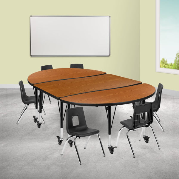 English Elm Emmy Mobile 9-Piece Oval Wave Activity Table Set with Ergonomic Student Chairs for Classroom Flexibility Oak 47.5"W x 76"L XU-GRP-12CH-A3048CON-48-OAK-T-P-CAS-GG