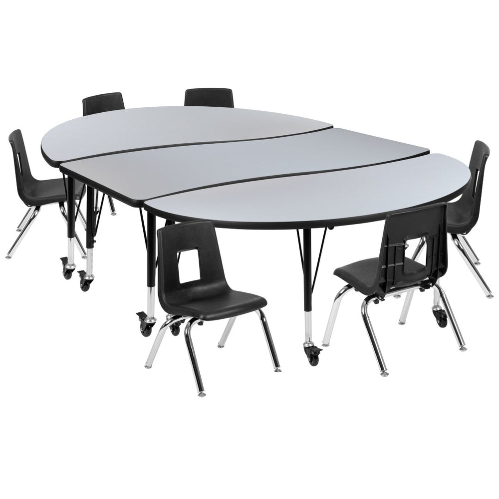 English Elm Emmy Mobile 9-Piece Flexible Laminate Activity Table Set with 12 Stack Chairs for Collaborative Learning Grey 60"W x 86"L XU-GRP-12CH-A3060CON-60-GY-T-P-CAS-GG
