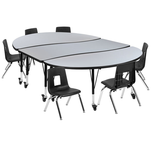 English Elm Emmy Mobile 9-Piece Flexible Laminate Activity Table Set with 12 Stack Chairs for Collaborative Learning Grey 60"W x 86"L XU-GRP-12CH-A3060CON-60-GY-T-P-CAS-GG