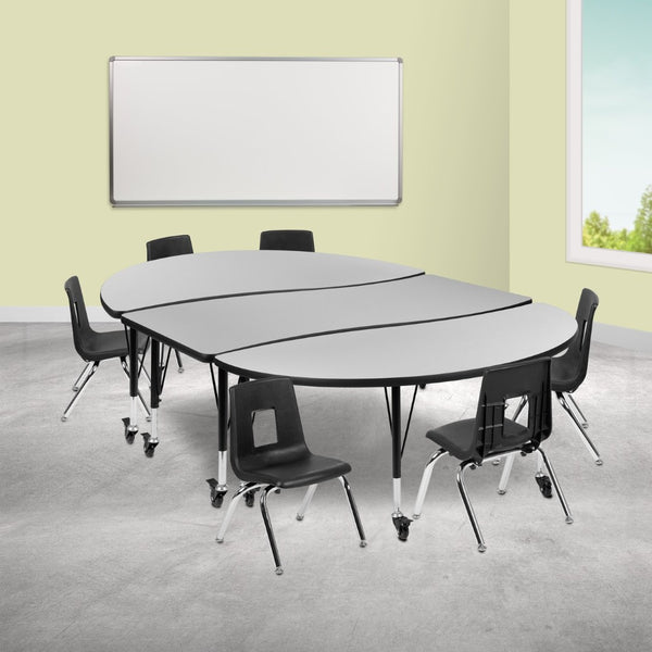 English Elm Emmy Mobile 9-Piece Flexible Laminate Activity Table Set with 12 Stack Chairs for Collaborative Learning Grey 60"W x 86"L XU-GRP-12CH-A3060CON-60-GY-T-P-CAS-GG