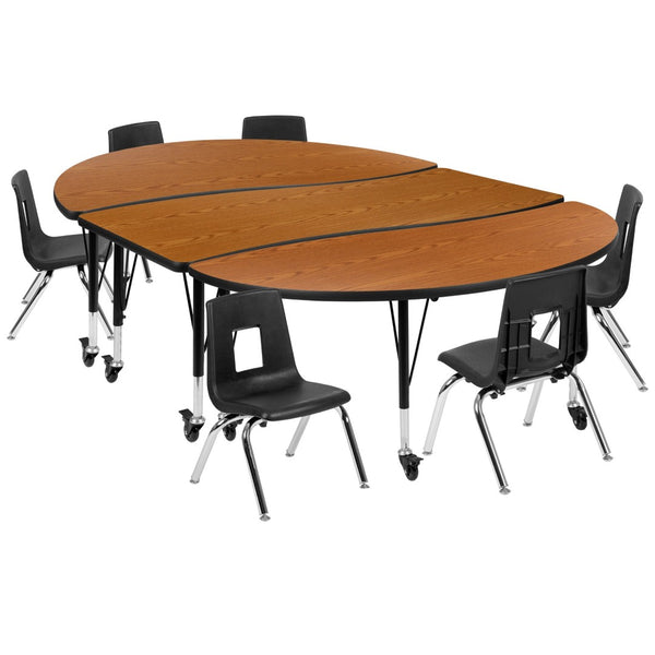 English Elm Emmy Mobile 9-Piece Flexible Laminate Activity Table Set with 12 Stack Chairs for Collaborative Learning Oak 60"W x 86"L XU-GRP-12CH-A3060CON-60-OAK-T-P-CAS-GG