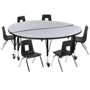 English Elm Emmy Mobile Circle Wave Activity Table Set with 12 Ergonomic Student Chairs for Collaborative Learning Grey 60"W x 60"L XU-GRP-12CH-A60-HCIRC-GY-T-P-CAS-GG