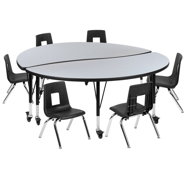 English Elm Emmy Mobile Circle Wave Activity Table Set with 12 Ergonomic Student Chairs for Collaborative Learning Grey 60"W x 60"L XU-GRP-12CH-A60-HCIRC-GY-T-P-CAS-GG