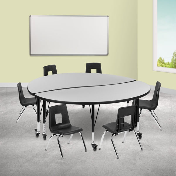 English Elm Emmy Mobile Circle Wave Activity Table Set with 12 Ergonomic Student Chairs for Collaborative Learning Grey 60"W x 60"L XU-GRP-12CH-A60-HCIRC-GY-T-P-CAS-GG