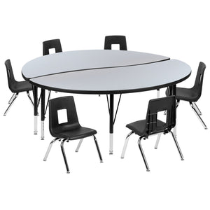 English Elm Emmy 8-Piece Flexible Wave Activity Table Set with Ergonomic Stackable Chairs for Classrooms Grey 60"W x 60"L XU-GRP-12CH-A60-HCIRC-GY-T-P-GG