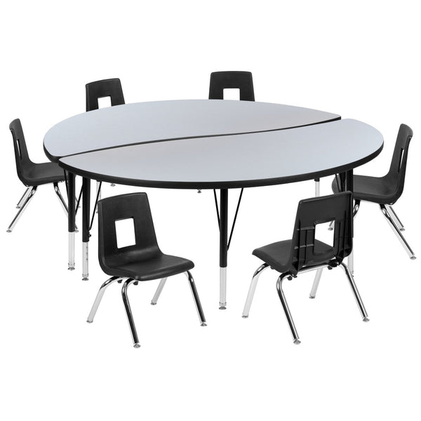 English Elm Emmy 8-Piece Flexible Wave Activity Table Set with Ergonomic Stackable Chairs for Classrooms Grey 60"W x 60"L XU-GRP-12CH-A60-HCIRC-GY-T-P-GG
