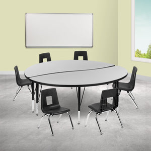 English Elm Emmy 8-Piece Flexible Wave Activity Table Set with Ergonomic Stackable Chairs for Classrooms Grey 60"W x 60"L XU-GRP-12CH-A60-HCIRC-GY-T-P-GG