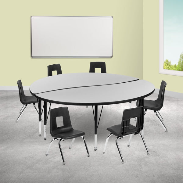 English Elm Emmy 8-Piece Flexible Wave Activity Table Set with Ergonomic Stackable Chairs for Classrooms Grey 60"W x 60"L XU-GRP-12CH-A60-HCIRC-GY-T-P-GG