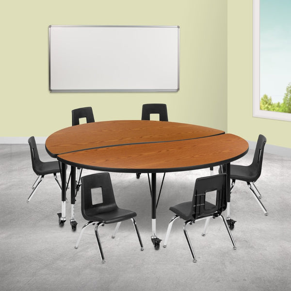 English Elm Emmy Mobile Circle Wave Activity Table Set with 12 Ergonomic Student Chairs for Collaborative Learning Oak 60"W x 60"L XU-GRP-12CH-A60-HCIRC-OAK-T-P-CAS-GG