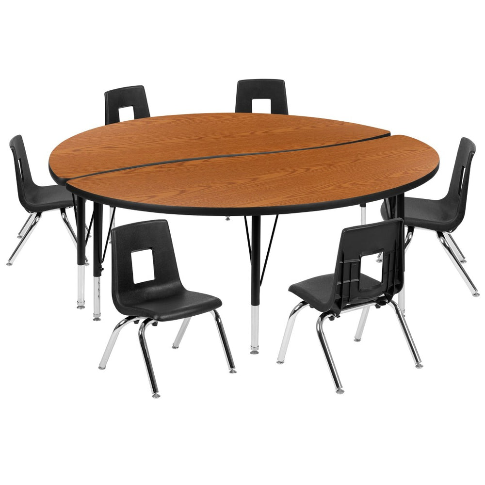 English Elm Emmy 8-Piece Flexible Wave Activity Table Set with Ergonomic Stackable Chairs for Classrooms Oak 60"W x 60"L XU-GRP-12CH-A60-HCIRC-OAK-T-P-GG