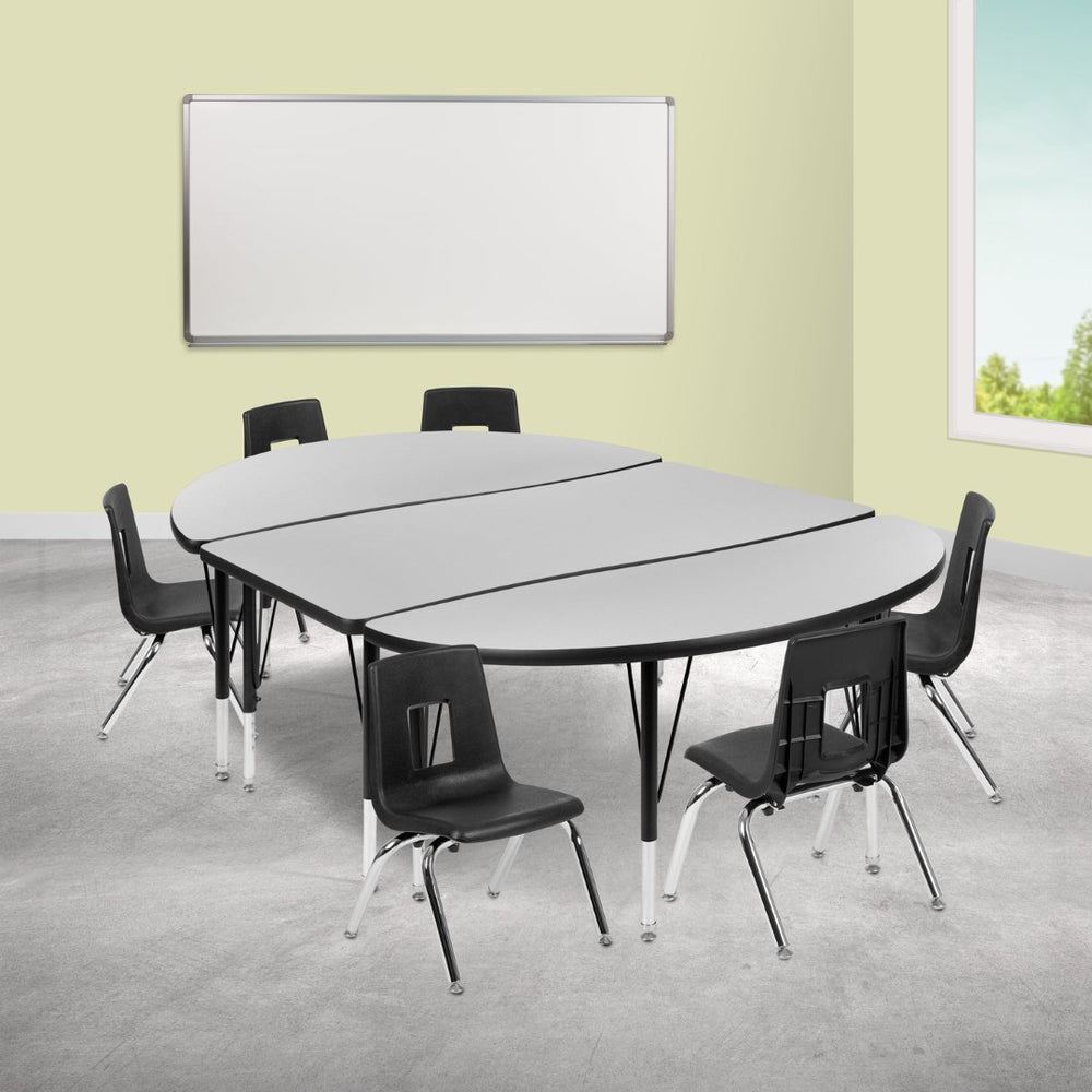 English Elm Emmy 9-Piece Flexible Wave Table and Stack Chair Set for Collaborative Learning Spaces and Classrooms Grey 47.5"W x 76"L XU-GRP-14CH-A3048CON-48-GY-T-P-GG