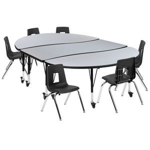 English Elm Emmy Mobile 9-Piece Wave Activity Table Set with Ergonomic Student Chairs for Dynamic Learning Spaces Grey 60"W x 86"L XU-GRP-14CH-A3060CON-60-GY-T-P-CAS-GG