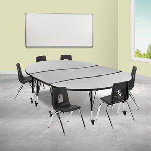 English Elm Emmy Mobile 9-Piece Wave Activity Table Set with Ergonomic Student Chairs for Dynamic Learning Spaces Grey 60"W x 86"L XU-GRP-14CH-A3060CON-60-GY-T-P-CAS-GG