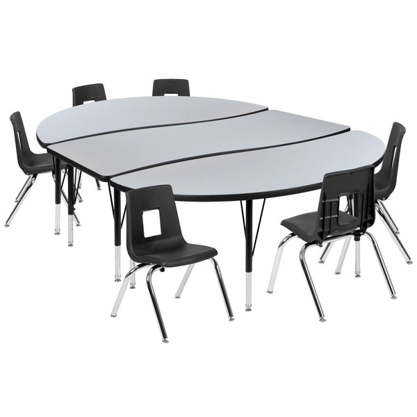 English Elm Emmy 9-Piece Oval Wave Activity Table Set with Ergonomic Stackable Student Chairs for Classrooms Grey 60"W x 86"L XU-GRP-14CH-A3060CON-60-GY-T-P-GG