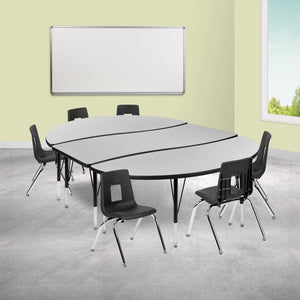 English Elm Emmy 9-Piece Oval Wave Activity Table Set with Ergonomic Stackable Student Chairs for Classrooms Grey 60"W x 86"L XU-GRP-14CH-A3060CON-60-GY-T-P-GG