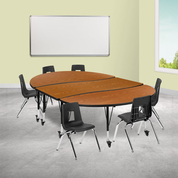 English Elm Emmy Mobile 9-Piece Wave Activity Table Set with Ergonomic Student Chairs for Dynamic Learning Spaces Oak 60"W x 86"L XU-GRP-14CH-A3060CON-60-OAK-T-P-CAS-GG