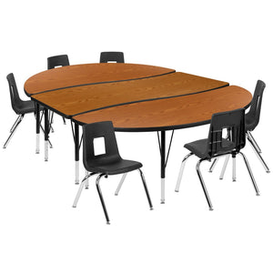 English Elm Emmy 9-Piece Oval Wave Activity Table Set with Ergonomic Stackable Student Chairs for Classrooms Oak 60"W x 86"L XU-GRP-14CH-A3060CON-60-OAK-T-P-GG