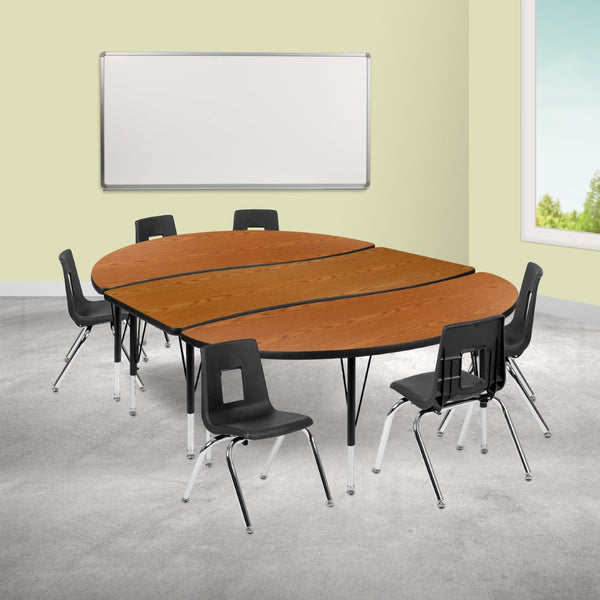 English Elm Emmy 9-Piece Oval Wave Activity Table Set with Ergonomic Stackable Student Chairs for Classrooms Oak 60"W x 86"L XU-GRP-14CH-A3060CON-60-OAK-T-P-GG