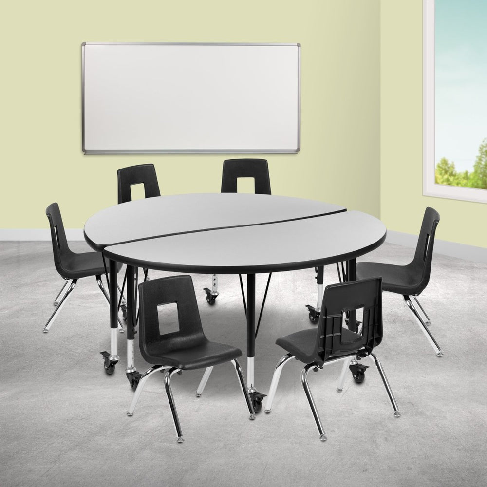 English Elm Emmy Mobile Flexible Wave Activity Table Set with Ergonomic 14" Student Chairs for Collaborative Learning Grey 47.5"W x 48"L XU-GRP-14CH-A48-HCIRC-GY-T-P-CAS-GG