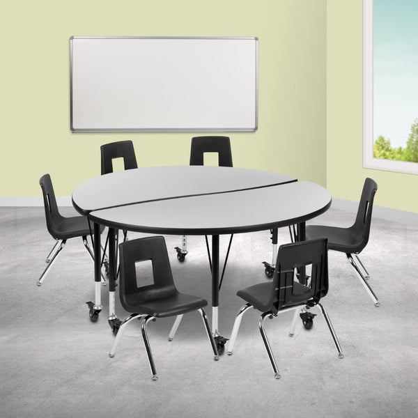 English Elm Emmy Mobile Flexible Wave Activity Table Set with Ergonomic 14" Student Chairs for Collaborative Learning Grey 47.5"W x 48"L XU-GRP-14CH-A48-HCIRC-GY-T-P-CAS-GG