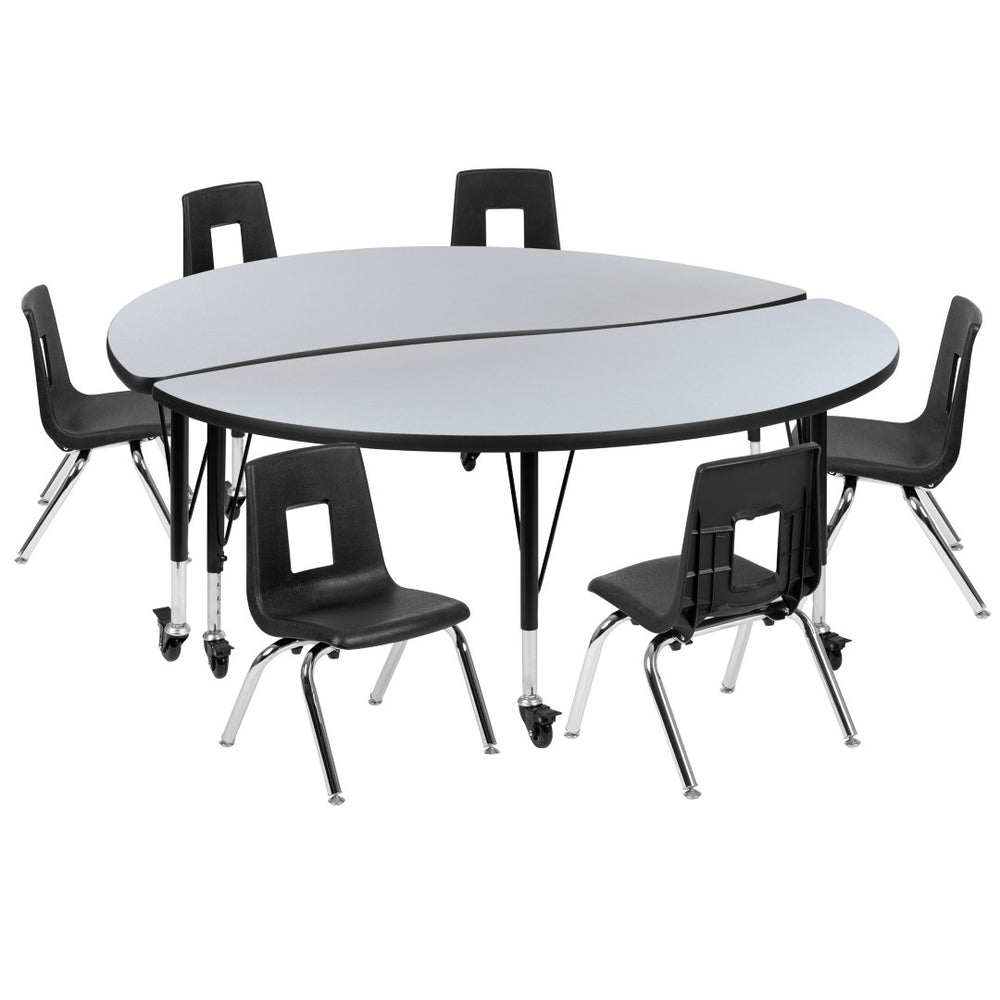 English Elm Emmy Mobile 8-Piece Flexible Activity Table Set with Ergonomic Student Chairs for Collaborative Learning Grey 60"W x 60"L XU-GRP-14CH-A60-HCIRC-GY-T-P-CAS-GG