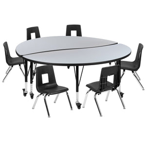 English Elm Emmy Mobile 8-Piece Flexible Activity Table Set with Ergonomic Student Chairs for Collaborative Learning Grey 60"W x 60"L XU-GRP-14CH-A60-HCIRC-GY-T-P-CAS-GG