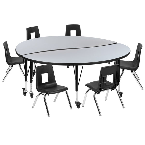 English Elm Emmy Mobile 8-Piece Flexible Activity Table Set with Ergonomic Student Chairs for Collaborative Learning Grey 60"W x 60"L XU-GRP-14CH-A60-HCIRC-GY-T-P-CAS-GG