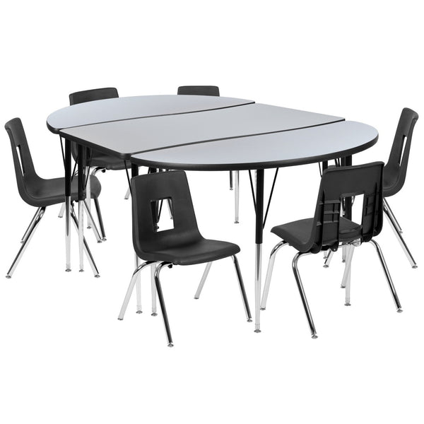 English Elm Emmy 76" Oval Wave Activity Table Set with 16" Ergonomic Stack Chairs for Versatile Learning Spaces Grey 47.5"W x 76"L XU-GRP-16CH-A3048CON-48-GY-T-A-GG
