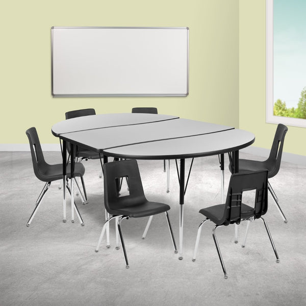 English Elm Emmy 76" Oval Wave Activity Table Set with 16" Ergonomic Stack Chairs for Versatile Learning Spaces Grey 47.5"W x 76"L XU-GRP-16CH-A3048CON-48-GY-T-A-GG