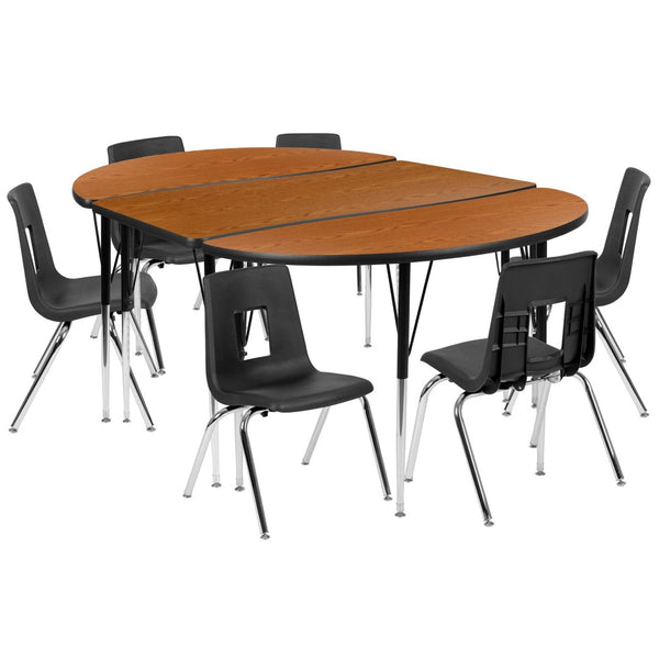 English Elm Emmy 76" Oval Wave Activity Table Set with 16" Ergonomic Stack Chairs for Versatile Learning Spaces Oak 47.5"W x 76"L XU-GRP-16CH-A3048CON-48-OAK-T-A-GG