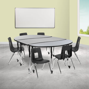 English Elm Emmy Mobile 9-Piece Oval Wave Activity Table Set with Ergonomic Student Stack Chairs for Classrooms Grey 60"W x 86"L XU-GRP-16CH-A3060CON-60-GY-T-A-CAS-GG