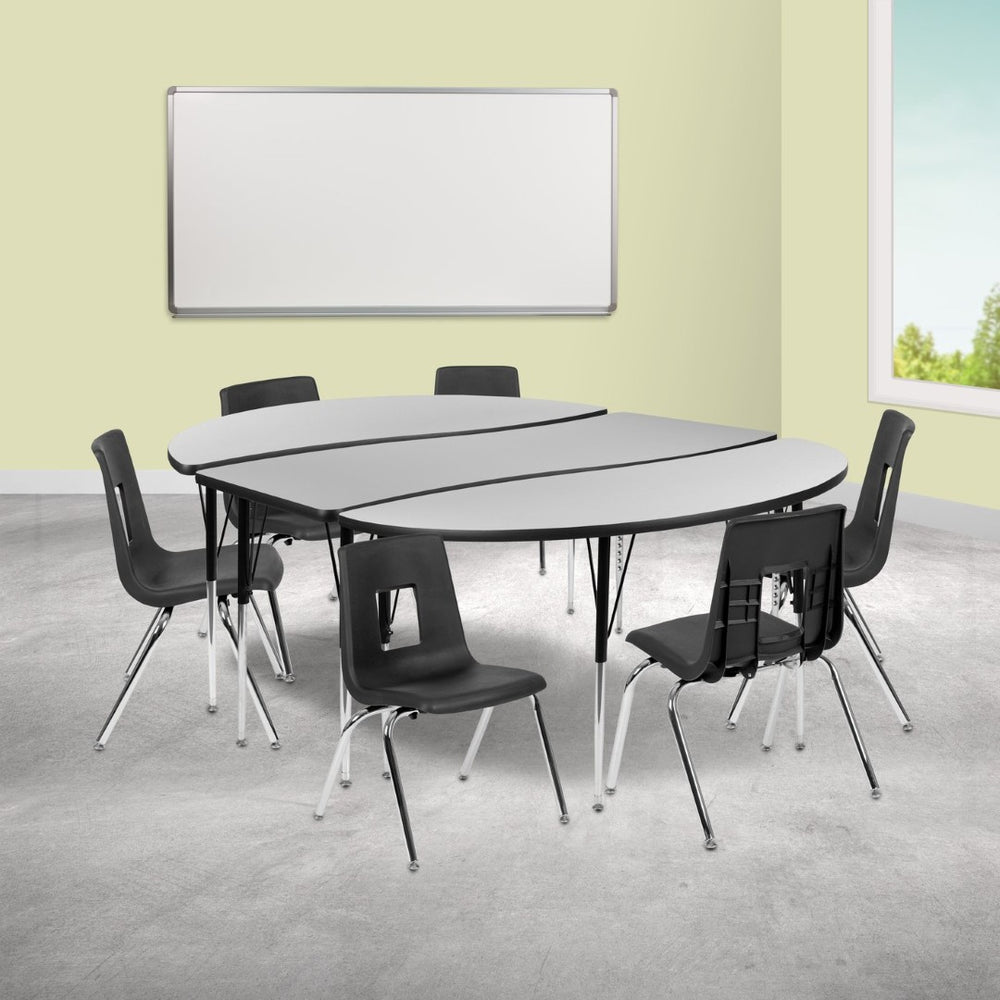 English Elm Emmy 9-Piece Flexible Activity Table Set with Ergonomic Stack Chairs for Collaborative Learning Spaces Grey 60"W x 86"L XU-GRP-16CH-A3060CON-60-GY-T-A-GG