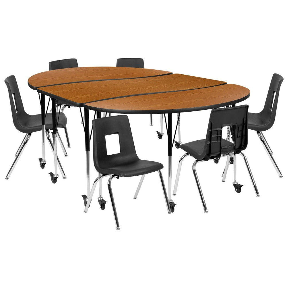 English Elm Emmy Mobile 9-Piece Oval Wave Activity Table Set with Ergonomic Student Stack Chairs for Classrooms Oak 60"W x 86"L XU-GRP-16CH-A3060CON-60-OAK-T-A-CAS-GG
