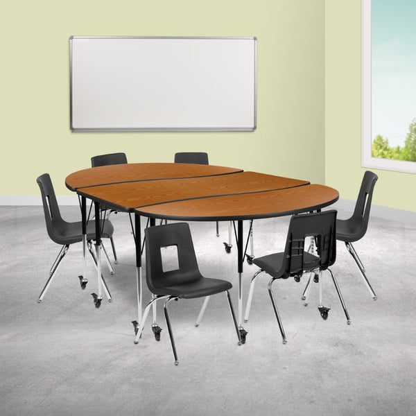 English Elm Emmy Mobile 9-Piece Oval Wave Activity Table Set with Ergonomic Student Stack Chairs for Classrooms Oak 60"W x 86"L XU-GRP-16CH-A3060CON-60-OAK-T-A-CAS-GG