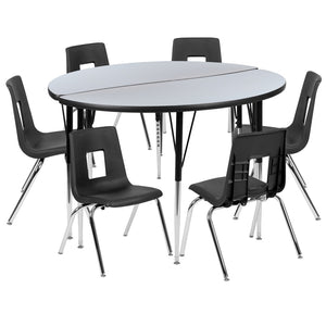 English Elm Emmy Flexible Laminate Activity Table Set with Ergonomic Stack Chairs for Collaborative Learning Spaces Grey 47.5"W x 48"L XU-GRP-16CH-A48-HCIRC-GY-T-A-GG