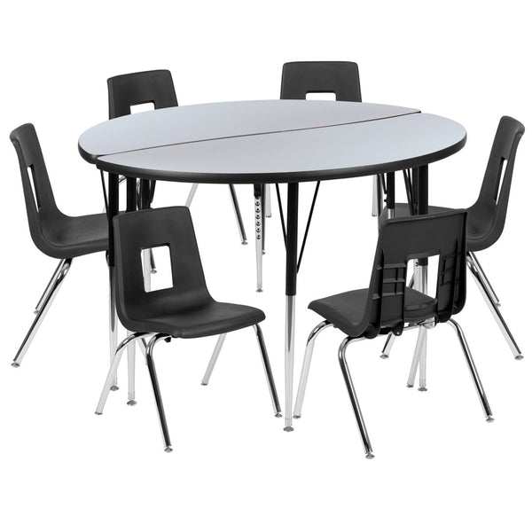 English Elm Emmy Flexible Laminate Activity Table Set with Ergonomic Stack Chairs for Collaborative Learning Spaces Grey 47.5"W x 48"L XU-GRP-16CH-A48-HCIRC-GY-T-A-GG