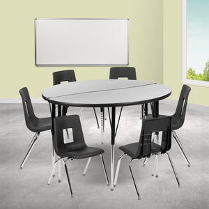 English Elm Emmy Flexible Laminate Activity Table Set with Ergonomic Stack Chairs for Collaborative Learning Spaces Grey 47.5"W x 48"L XU-GRP-16CH-A48-HCIRC-GY-T-A-GG