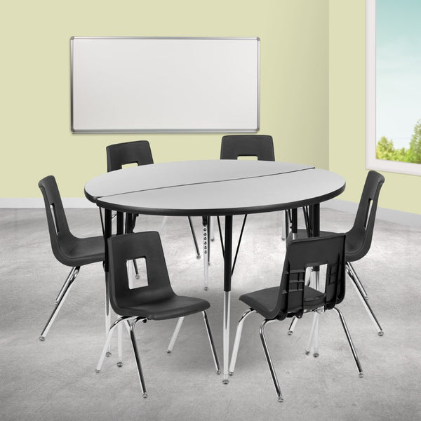 English Elm Emmy Flexible Laminate Activity Table Set with Ergonomic Stack Chairs for Collaborative Learning Spaces Grey 47.5"W x 48"L XU-GRP-16CH-A48-HCIRC-GY-T-A-GG