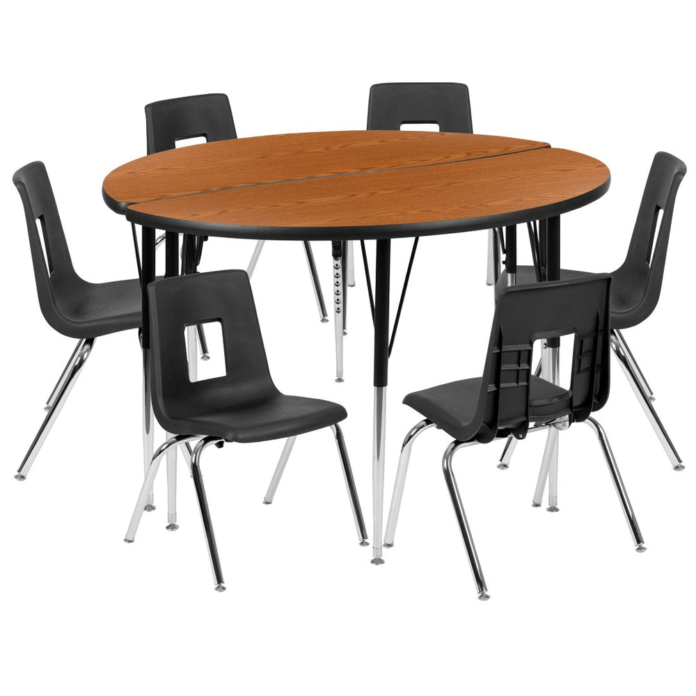 English Elm Emmy Flexible Laminate Activity Table Set with Ergonomic Stack Chairs for Collaborative Learning Spaces Oak 47.5"W x 48"L XU-GRP-16CH-A48-HCIRC-OAK-T-A-GG