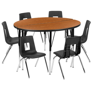 English Elm Emmy Flexible Laminate Activity Table Set with Ergonomic Stack Chairs for Collaborative Learning Spaces Oak 47.5"W x 48"L XU-GRP-16CH-A48-HCIRC-OAK-T-A-GG