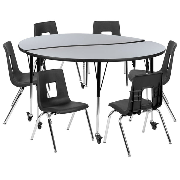 English Elm Emmy Mobile Flexible Wave Activity Table Set with Stack Chairs for Dynamic Learning Environments Grey 60"W x 60"L XU-GRP-16CH-A60-HCIRC-GY-T-A-CAS-GG