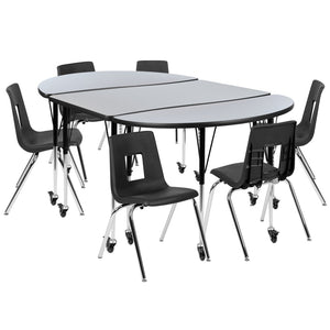 English Elm Emmy Mobile 9-Piece Activity Table Set with Ergonomic Stack Chairs for Flexible Classroom Spaces Grey 47.5"W x 76"L XU-GRP-18CH-A3048CON-48-GY-T-A-CAS-GG