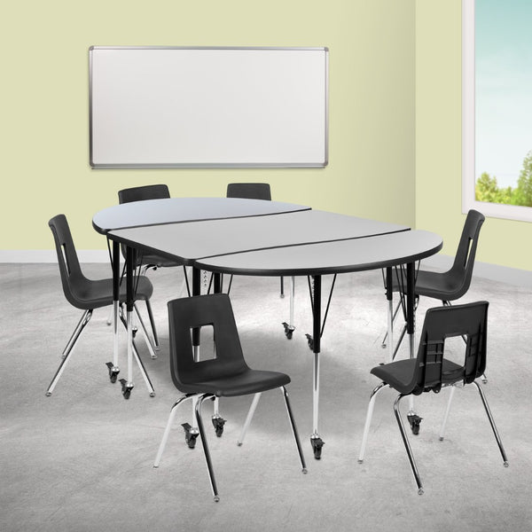 English Elm Emmy Mobile 9-Piece Activity Table Set with Ergonomic Stack Chairs for Flexible Classroom Spaces Grey 47.5"W x 76"L XU-GRP-18CH-A3048CON-48-GY-T-A-CAS-GG