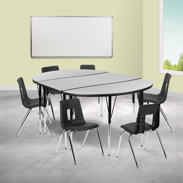 English Elm Emmy 9-Piece Wave Activity Table Set with Ergonomic Stack Chairs for Collaborative Learning Spaces Grey 47.5"W x 76"L XU-GRP-18CH-A3048CON-48-GY-T-A-GG