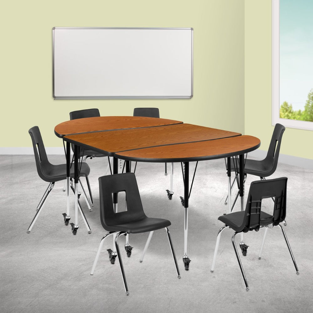 English Elm Emmy Mobile 9-Piece Activity Table Set with Ergonomic Stack Chairs for Flexible Classroom Spaces Oak 47.5"W x 76"L XU-GRP-18CH-A3048CON-48-OAK-T-A-CAS-GG