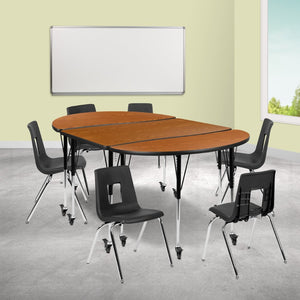 English Elm Emmy Mobile 9-Piece Activity Table Set with Ergonomic Stack Chairs for Flexible Classroom Spaces Oak 47.5"W x 76"L XU-GRP-18CH-A3048CON-48-OAK-T-A-CAS-GG
