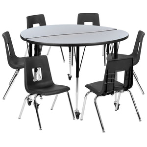 English Elm Emmy Mobile 8-Piece Wave Activity Table Set with Ergonomic Stack Chairs for Collaborative Learning Spaces Grey 47.5"W x 48"L XU-GRP-18CH-A48-HCIRC-GY-T-A-CAS-GG