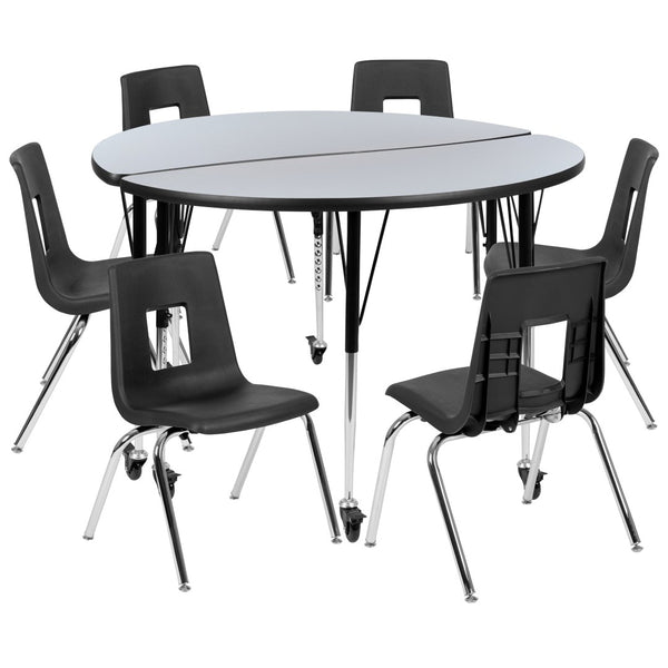English Elm Emmy Mobile 8-Piece Wave Activity Table Set with Ergonomic Stack Chairs for Collaborative Learning Spaces Grey 47.5"W x 48"L XU-GRP-18CH-A48-HCIRC-GY-T-A-CAS-GG